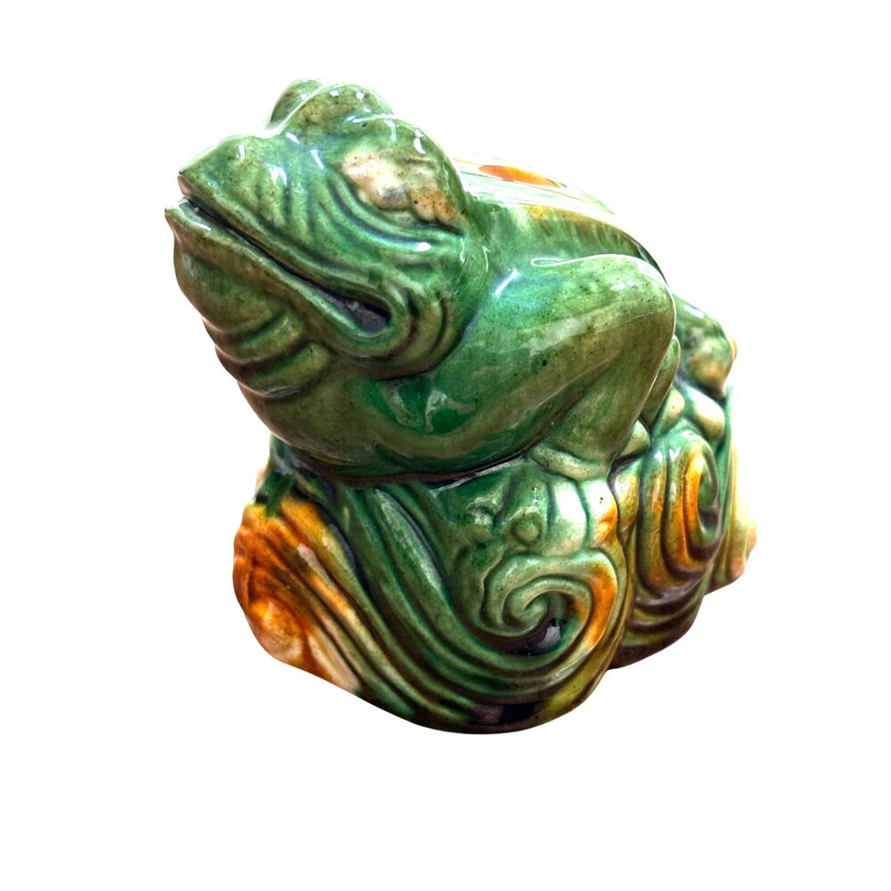 Majolica style ceramic frog figurine figure green gold glossy glazed toad